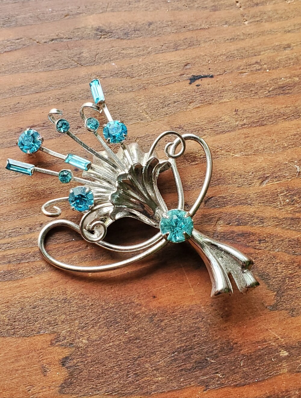 Vintage Bond Boyd Sterling Silver Blue Rhinestone Flower Bouquet Brooch Pin